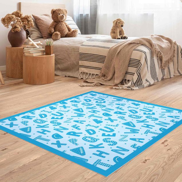 outdoor balcony rug Alphabet With Hearts And Dots In Blue With Frame