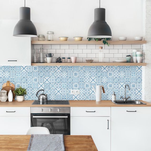 Kitchen splashback tiles Patterned Tiles Blue White