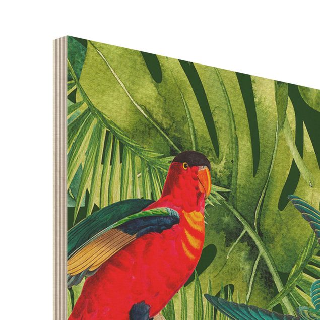 Prints on wood Colourful Collage - Parrots In The Jungle