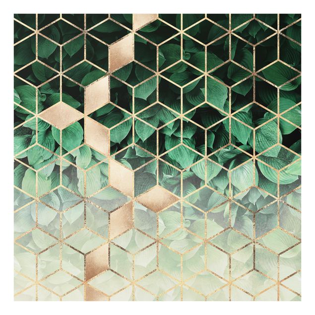 Glass splashback abstract Green Leaves Golden Geometry