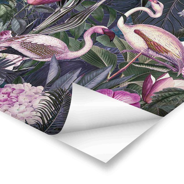 Prints Colourful Collage - Pink Flamingos In The Jungle