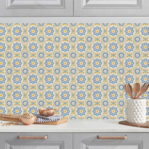 Kitchen Floral Tiles Blue Yellow