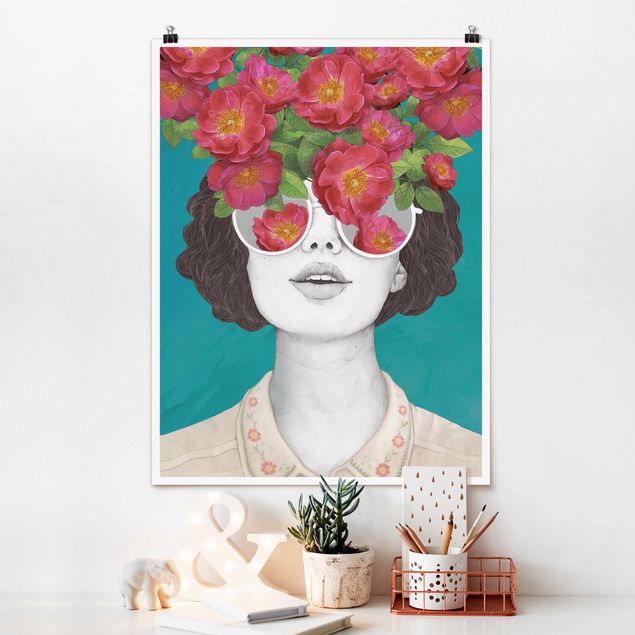 Art posters Illustration Portrait Woman Collage With Flowers Glasses