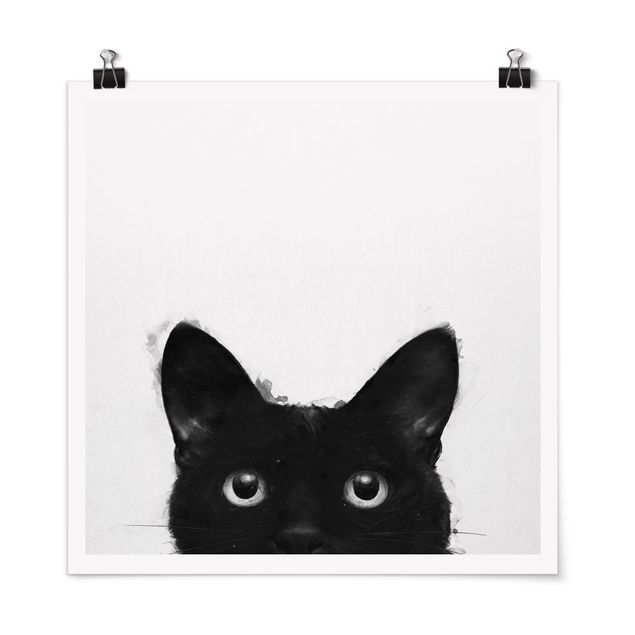 Posters art print Illustration Black Cat On White Painting