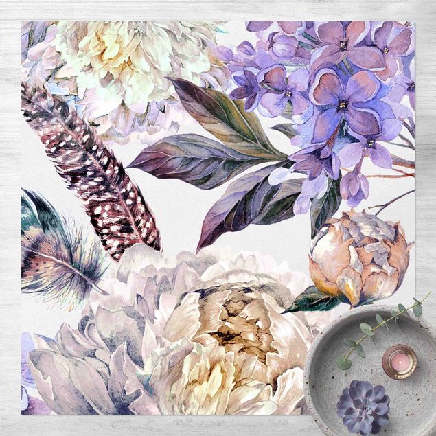 outdoor mat Delicate Watercolour Boho Flowers And Feathers Pattern