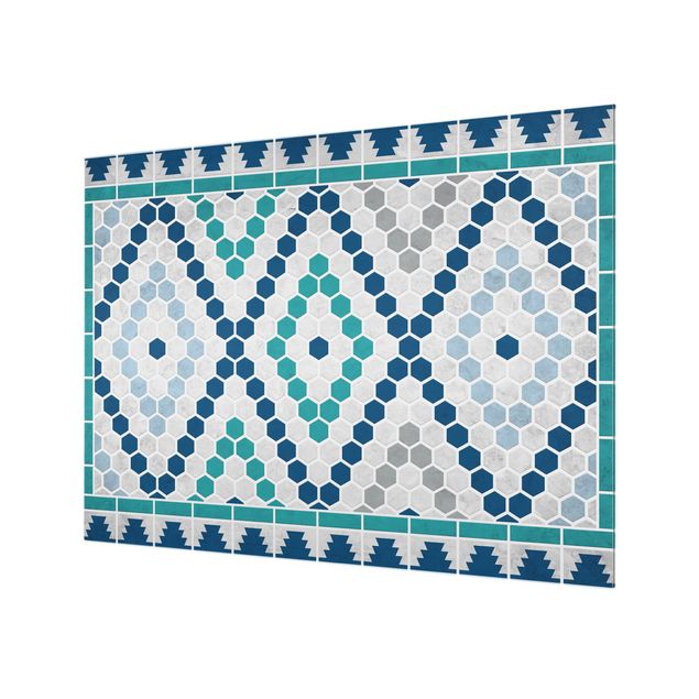 Glass Splashback - Moroccan tile pattern turquoise blue - Landscape 3:4