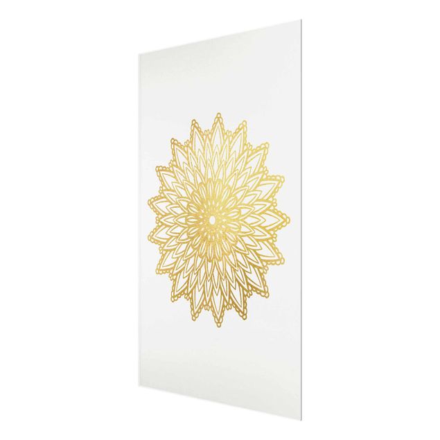 Glas Magnettafel Mandala Sun Illustration White Gold