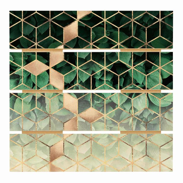 Wood photo prints Green Leaves Golden Geometry