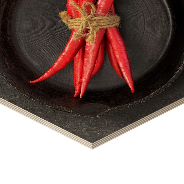 Wood prints Red Chili Bundles In Pan On Slate