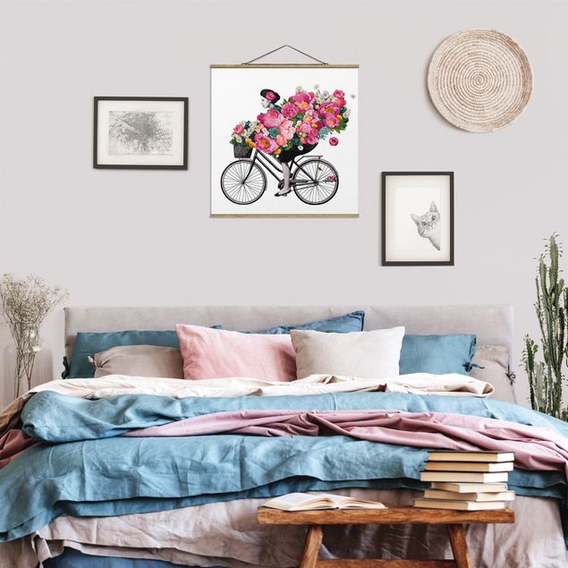 Art prints Illustration Woman On Bicycle Collage Colourful Flowers