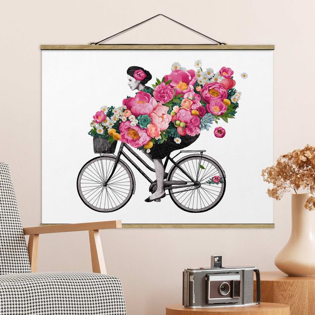 Kitchen Illustration Woman On Bicycle Collage Colourful Flowers