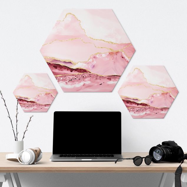 Prints Abstract Mountains Pink With Golden Lines