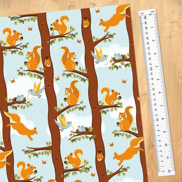 Adhesive films yellow Cute Kids Pattern With Squirrels And Baby Birds