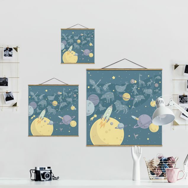 Fabric print with posters hangers Planets With Zodiac And Missiles
