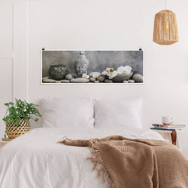 Orchid print Zen Buddha With White Orchids