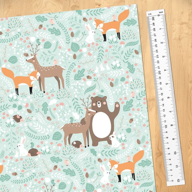 Adhesive films for furniture cabinet Kids Pattern Forest Friends With Forest Animals