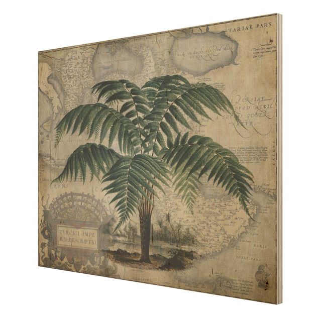 Wood prints landscape Vintage Collage - Palm And World Map