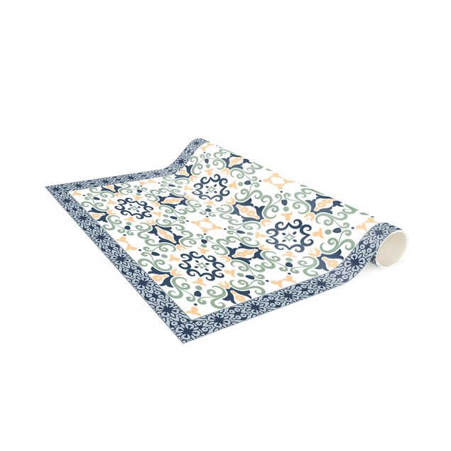 Runner rugs Floral Tiles Yellowish Blue With Border