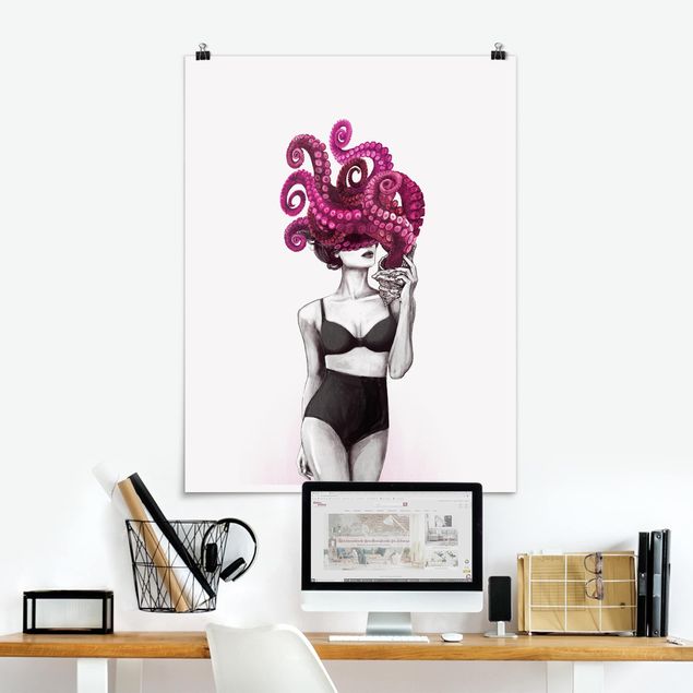 Kitchen Illustration Woman In Underwear Black And White Octopus