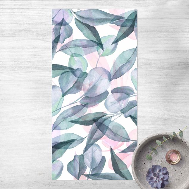 Outdoor rugs Blue And Pink Eucalyptus Leaves Watercolour