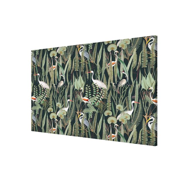 Flower print Flamingos And Storks With Plants On Green