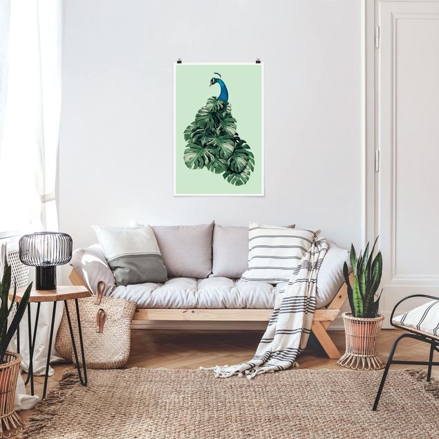 Posters art print Peacock With Monstera Leaves