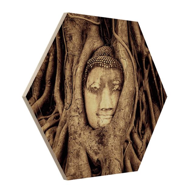 Wood prints vintage Buddha In Ayutthaya Lined From Tree Roots In Brown