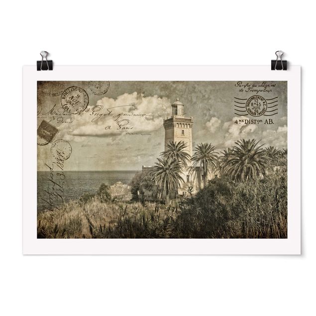 Sea life prints Vintage Postcard With Lighthouse And Palm Trees