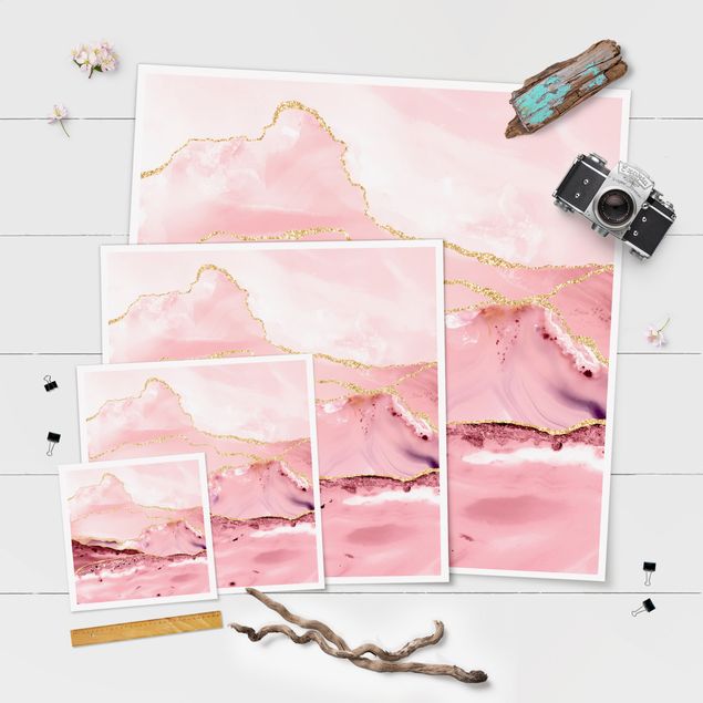 Prints Abstract Mountains Pink With Golden Lines