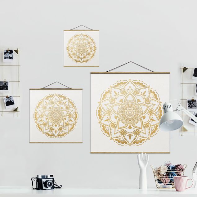 Fabric print with posters hangers Mandala Flower Gold White
