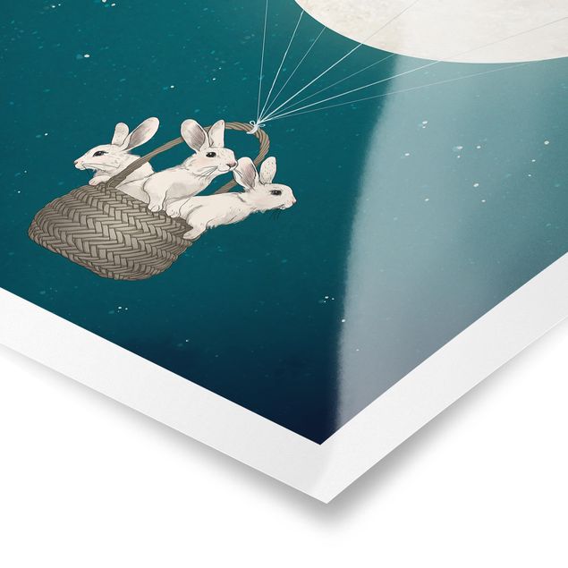 Laura Graves Art Illustration Rabbits Moon As Hot-Air Balloon Starry Sky