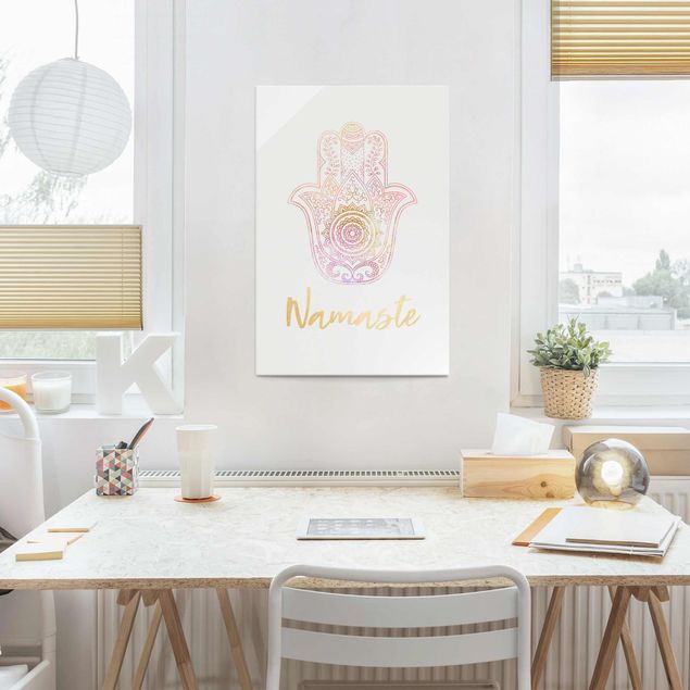 Glass prints spiritual Hamsa Hand Illustration Namaste Gold Light Pink