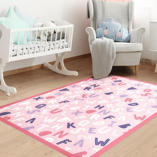 balcony mat Alphabet With Hearts And Dots In Light Pink With Frame