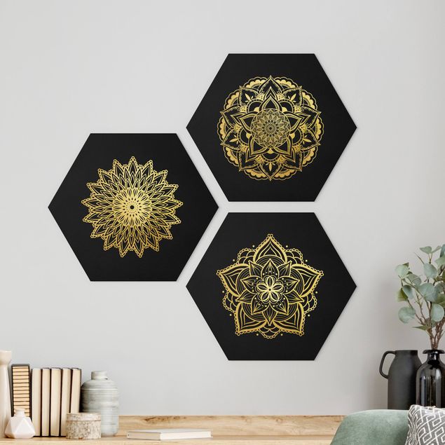 Kitchen Mandala Flower Sun Illustration Set Black Gold