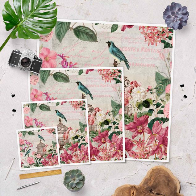 Prints Shabby Chic Collage - Pink Flowers And Blue Birds