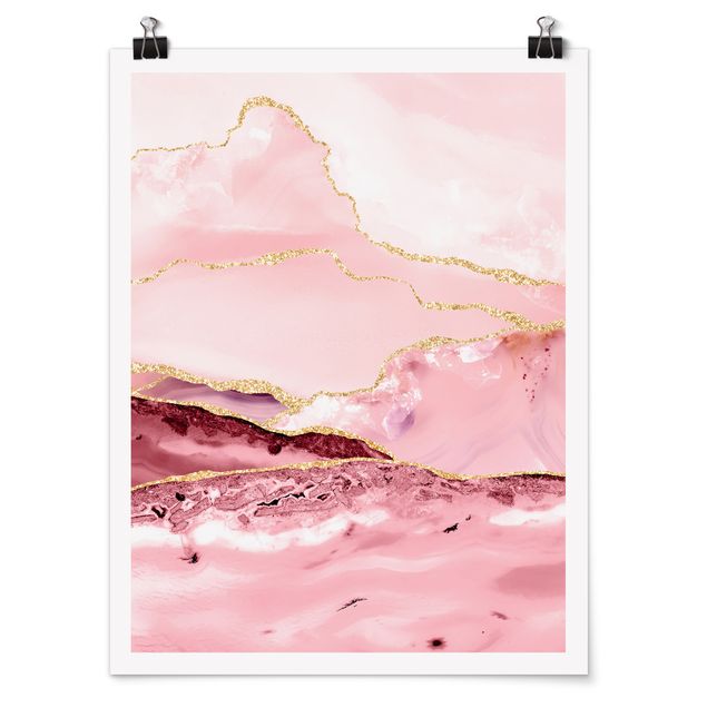 Posters art print Abstract Mountains Pink With Golden Lines