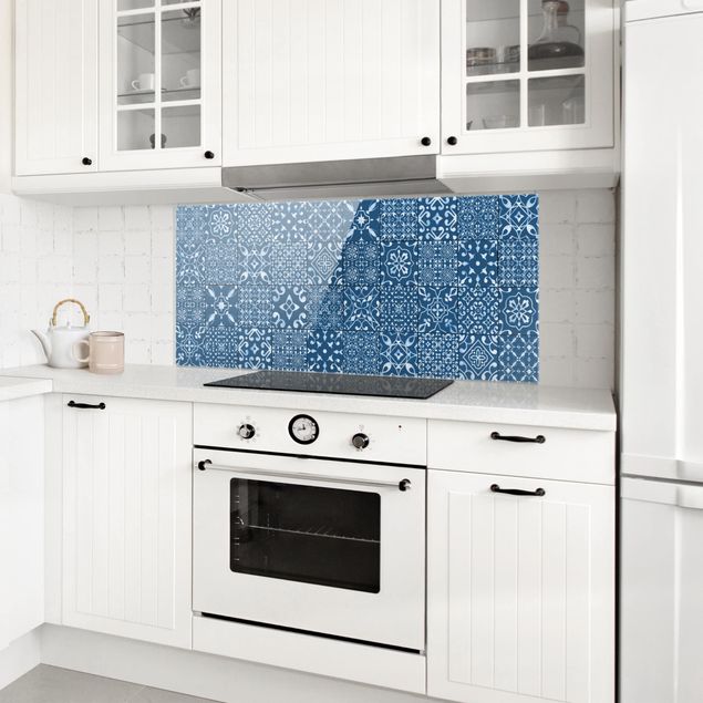 Glass splashback tiles Pattern Tiles Navy White