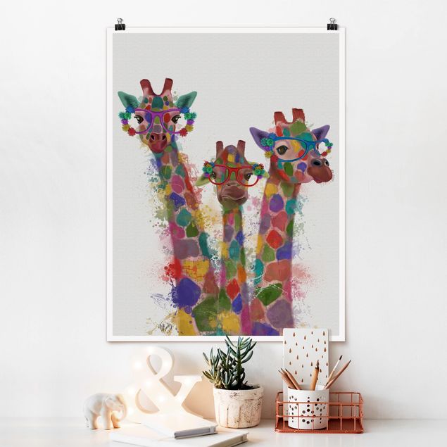 Kids room decor Rainbow Splash Giraffe Trio