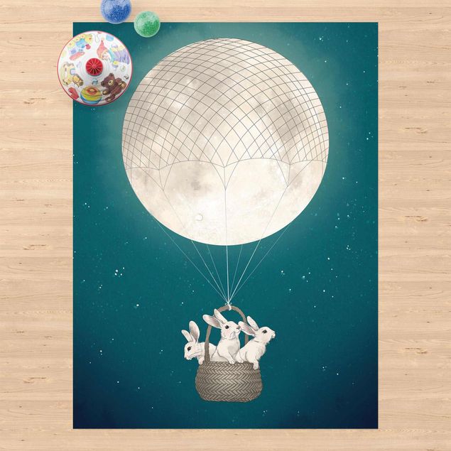 Outdoor rugs Illustration Rabbits Moon As Hot-Air Balloon Starry Sky