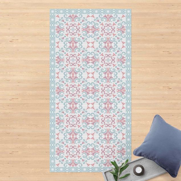 Outdoor rugs Floral Tiles Bluish Purple Folklore With Border