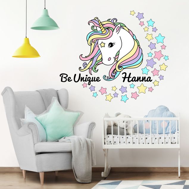 Unicorn and rainbow wall stickers Unicorn Illustration Pastel Stars