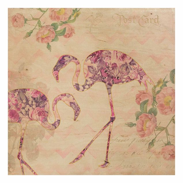 Wood prints flower Vintage Collage - Pink Flowers Flamingos