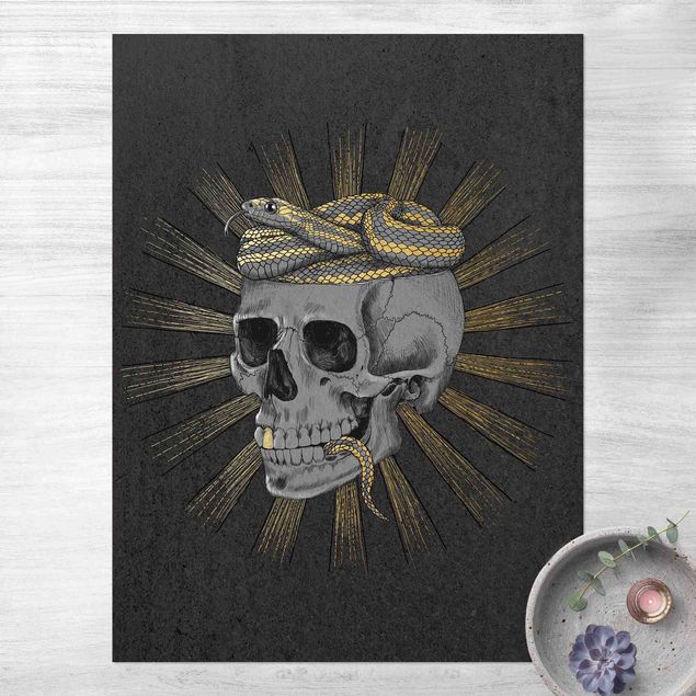 outdoor patio rugs Illustration Skull And Snake Black Gold