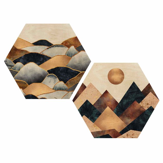 Wood photo prints Geometric & Golden Mountains Watercolour