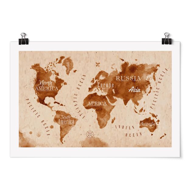 Prints brown World Map Watercolour Beige Brown