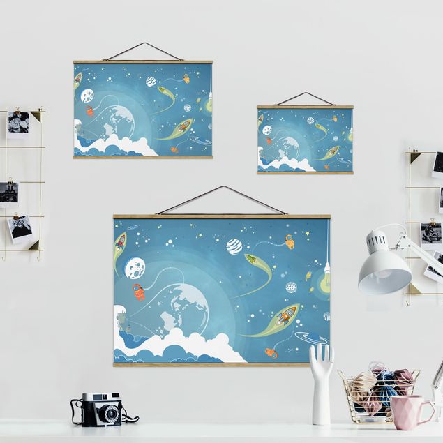 Fabric print with poster hangers - No.MW16 Colourful Hustle And Bustle In Space