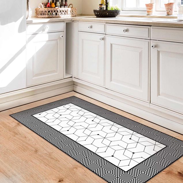 balcony mat Geometrical Tiles Dotted Lines Black And White With Border