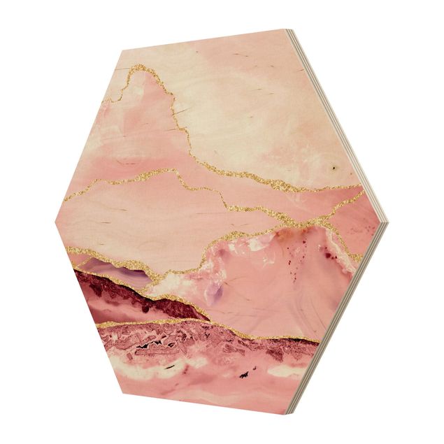 Pink wall art Abstract Mountains Pink With Golden Lines