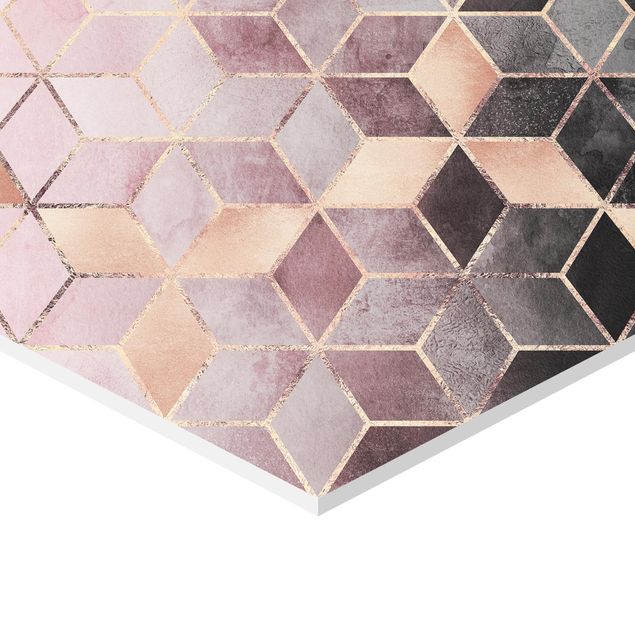 Hexagonal prints Pink Grey Golden Geometry