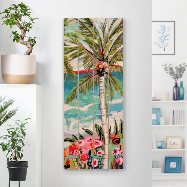 Wood prints flower Palm Tree With Pink Flowers II